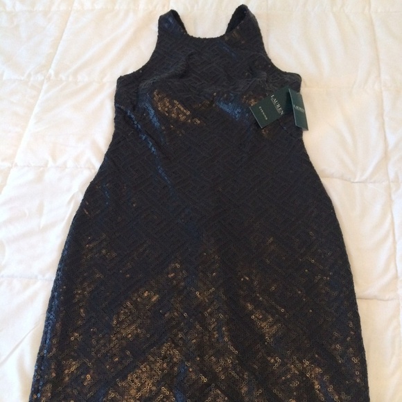 Ralph Lauren Sequin Geometric Sheath Dress V Back Black Midi, Size 8, NEW - Picture 5 of 9